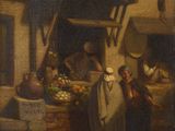 tableau représentant une scène de marché avec un homme vendant des fruits et des légumes
