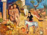 un tableau représentant une femme à cheval aux côtés d'un homme