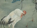 un tableau représentant un coq perché sur une branche d'arbre