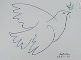 dessin représentant une colombe blanche tenant une brindille verte dans son bec