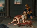 an image of a painting of a man laying on the ground next to a woman