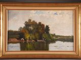an image of a painting of a river scene with people in a boat