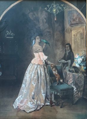 a painting of a woman in a dress and a man in a suit