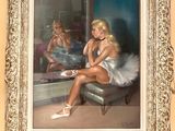 a painting of a woman sitting on a chair in front of a mirror