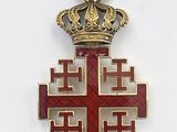 a red and gold cross with a crown on top of it