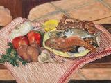 une peinture représentant une assiette de nourriture posée sur une table