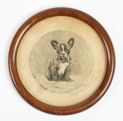 drawing of a small dog sitting in a wooden frame on a white background