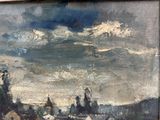 une peinture accrochée au mur d'un immeuble, avec une tour horloge en arrière-plan