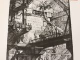 a black and white drawing of a man on a bridge
