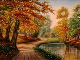 un tableau représentant une rivière au milieu d'une forêt