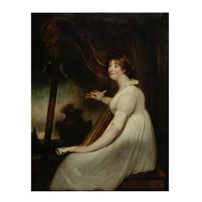 un tableau représentant une femme en robe blanche jouant de la harpe