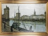 a picture of a painting of a city by the water