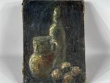 a picture of a painting of a vase and fruit on a table