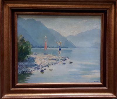 un tableau représentant deux personnes debout au bord d'un lac