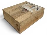 a wooden box with a picture on it on a white background