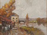 l'image d'une peinture représentant une rivière avec une maison à l'arrière-plan