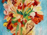 un tableau représentant une femme tenant un bouquet de fleurs