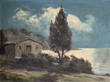 painting of a house by the water with a tree in the foreground