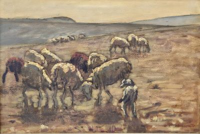 tableau représentant un troupeau de moutons paissant dans un champ recouvert d'herbe sèche
