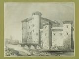 an old drawing of a castle with a bridge in front of it