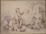 drawing of a woman and a dog in a landscape with a castle in the background