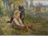 un tableau représentant un garçon et un chien assis dans un champ