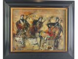 an oil painting of a group of musicians in a black frame