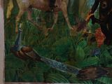a painting of a man riding a horse in the woods