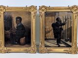 two paintings of a man and a woman standing next to each other