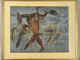 tableau représentant un homme lançant une balle dans une posture de boxe