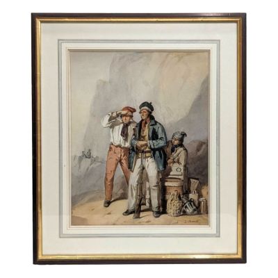 painting of two men standing next to each other in front of a mountain