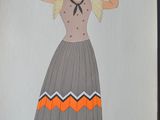 an image of a drawing of a woman in an orange and grey dress