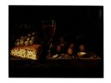 painting of a still life with bread, grapes, nuts and a glass of wine