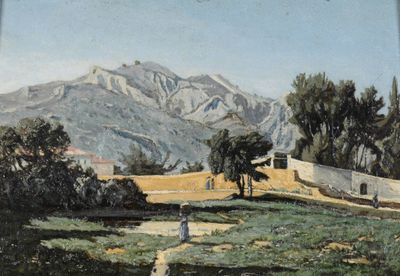 un tableau représentant une personne marchant sur un sentier dans un champ