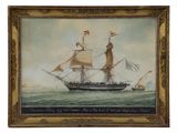 une peinture représentant un voilier en pleine mer, arborant un drapeau