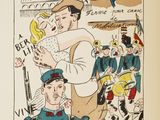 drawing of a man holding a child in front of a crowd of soldiers