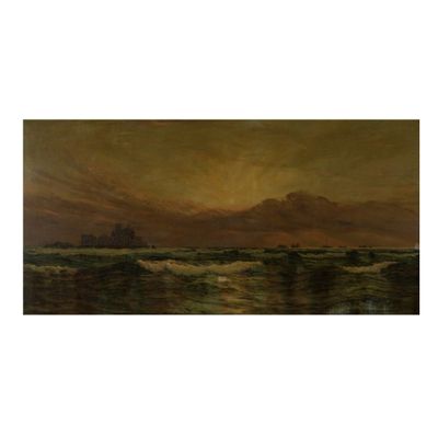 une image d'un tableau représentant un coucher de soleil sur une étendue d'eau