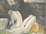 an image of a painting of a man sitting on a bed