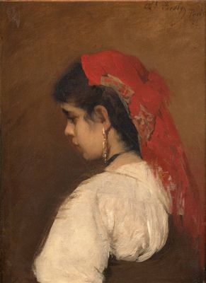 tableau représentant une femme portant un chapeau rouge et une écharpe rouge