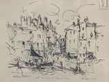 drawing of a boat in a harbor with buildings in the background