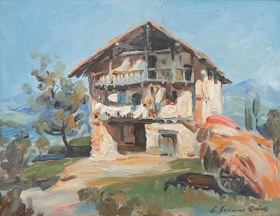 an oil painting of a house on a hill with a horse in front of it
