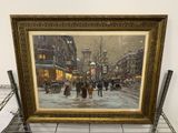 un tableau représentant une scène de rue en ville avec des passants qui marchent dans la rue