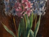 painting of flowers in a pot on a plate on a table