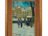 an oil painting of a group of people walking in the snow
