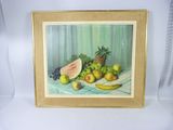 painting of a still life of fruit with a watermelon, banana, and watermelon