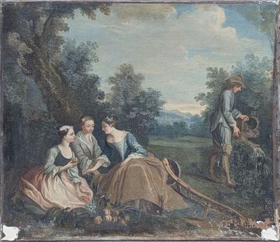 une image d'un tableau représentant un groupe de personnes dans un cadre boisé