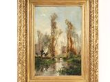 une peinture d'un paysage avec des arbres et une rivière au premier plan