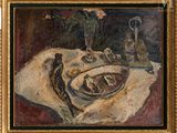 an oil painting of a plate of food on a table next to a vase