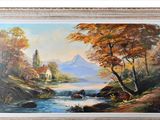 a painting of a river with a church in the background