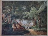 an old picture of a painting of people in a wooded area